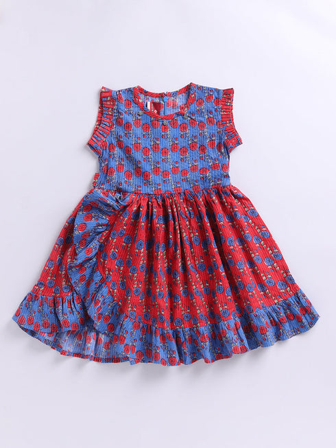 Blue Kantha Work Cotton Dress For Girl's